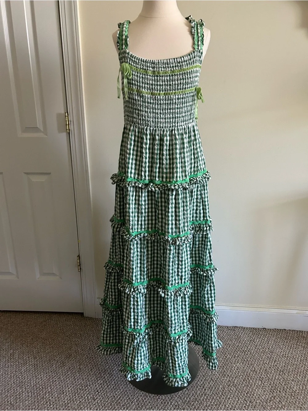 Anthropologie Neon Rose Gingham Ruffle Maxi Green Dress size L - Picture 2 of 10